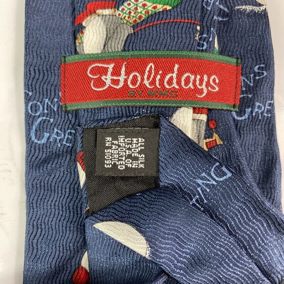 Christmas Season Greetings Men's Silk Tie Set of 2 Blue Black Santa Penguin Snow - Picture 3 of 6